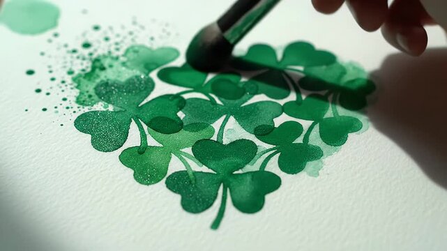 Close-up of vibrant green shamrock shapes painted with a brush on paper for St. Patrick's Day craft