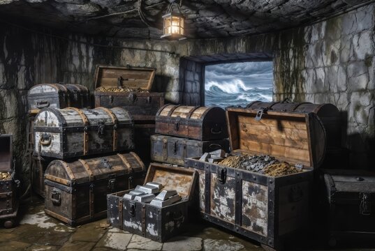 Pirate treasure hoard in a dark cave with open chests revealing gold coins and silver bars