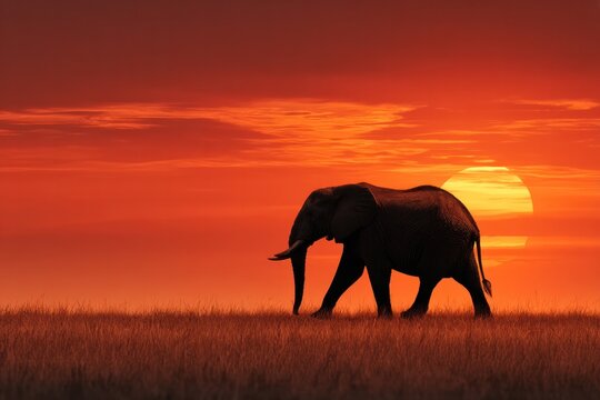 Silhouette of an elephant at sunset in a grassy savanna