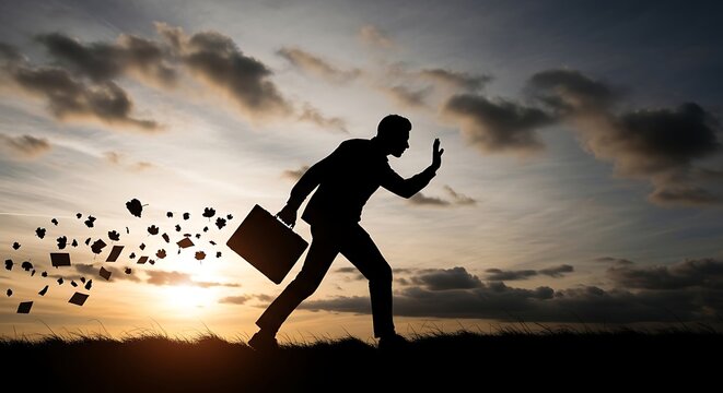 A silhouette of a person runs with a briefcase as papers scatter at sunset.