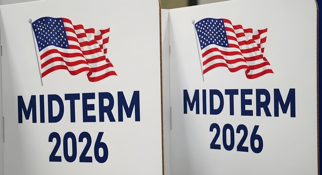 Signs announcing midterm elections in 2026 with waving American flags displayed side by side. isolated on transparent background
