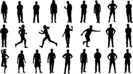 Fototapeta premium Diverse silhouette collection people in various poses and activities black and white