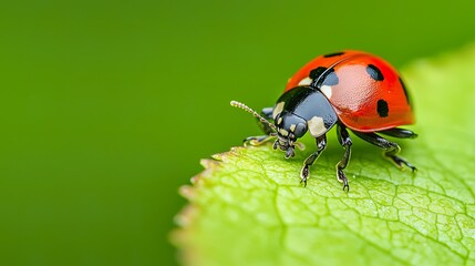 Obraz premium Macro view of a ladybug's tiny legs and antennae, walking on a leaf