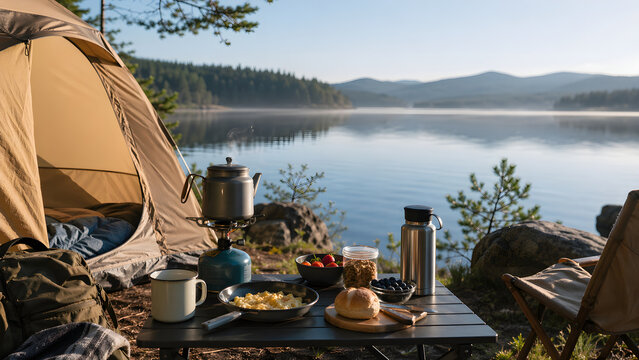 Camping breakfast setup beside a tent near a calm lakeside morning sce