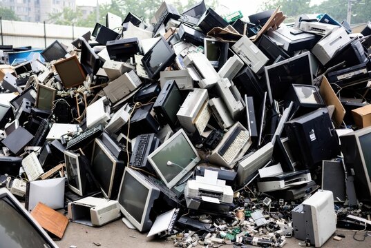 Massive pile of discarded electronic waste, including old computer monitors and printers