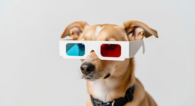 Funny dog wearing vintage 3D glasses isolated on white background. High quality photo