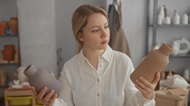 Woman holding and examining two ceramic vases, comparing shape and texture with hands visible, pen tucked behind ear and shelves of pottery in a studio; quiet contemplation.