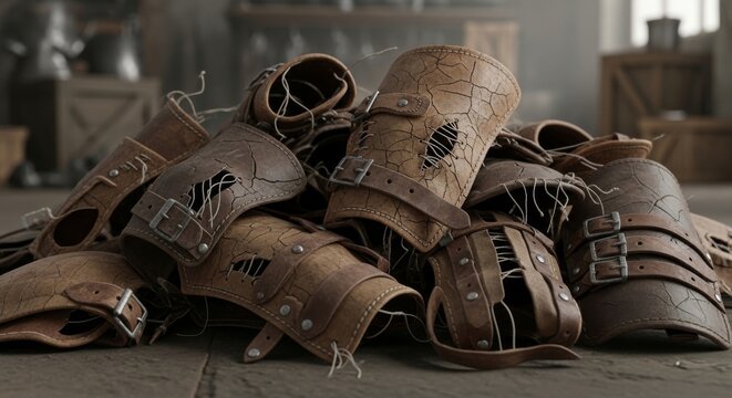 Heap of Worn Leather Bracers and Vambraces