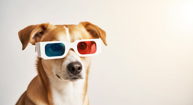 Funny dog wearing vintage 3D glasses isolated on white background. High quality photo