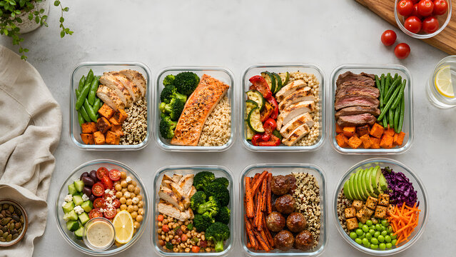 Healthy meal prep containers arranged in a clean overhead layout
