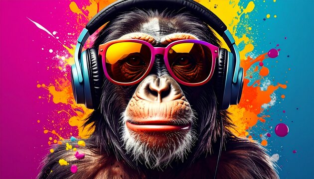 Illustration monkey in headphones and sunglasses at bright paints drops and splashes backdrop.