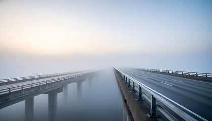 Fototapeta premium Thick fog over freeway bridge disappearing into the mist representing a journey into the unknown for a transition concept with atmospheric minimalist landscape