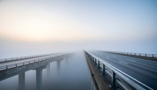 Thick fog over freeway bridge disappearing into the mist representing a journey into the unknown for a transition concept with atmospheric minimalist landscape