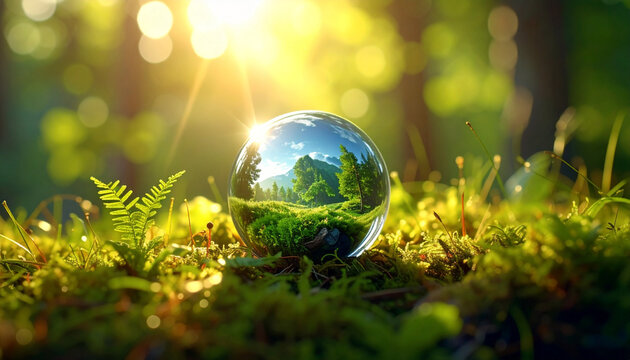 Crystal ball reflecting forest in mossy setting