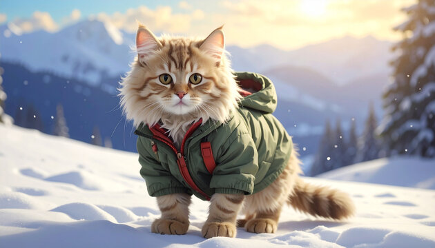Cute kitten in winter jacket on snowy mountain