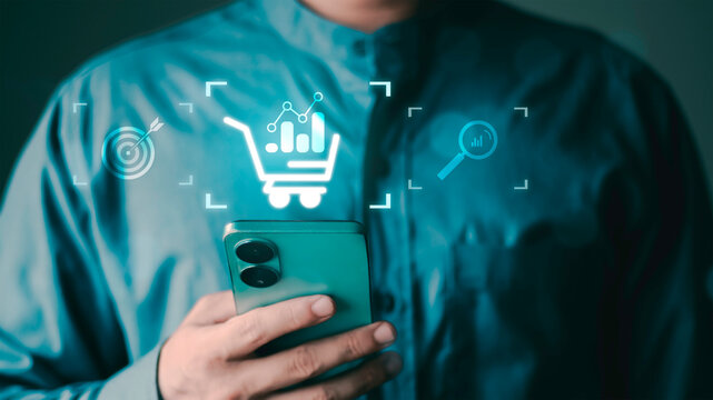 AI powered online shopping and e commerce analytics, smart retail, customer behavior analysis, business growth strategy and mobile commerce platform. Digital cart and data visualization