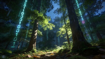 Obraz premium Digital Forest with Data Streams and Futuristic Nature Technology Concept