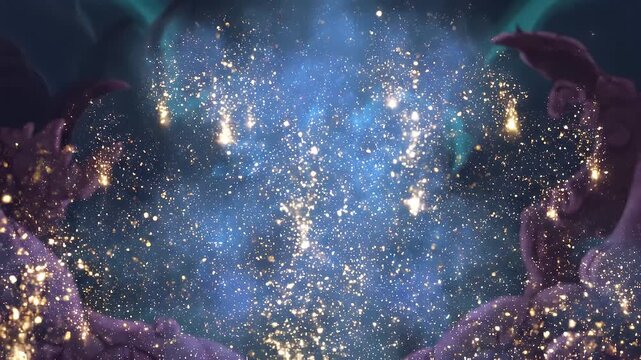 Vibrant cosmic explosion of shimmering lights and celestial dust against a backdrop of mystical purple formations