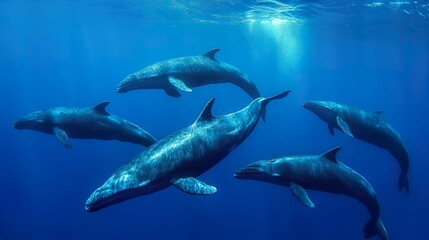 Obraz premium Pod of pilot whales swimming in deep blue ocean, sleek, cohesive group