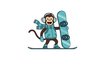 Fototapeta premium Energetic cartoon monkey wearing winter clothes and earmuffs holding blue snowboard while standing on snowy ground illustration.
