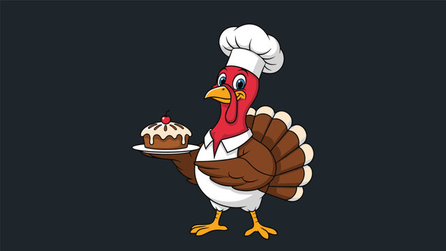 Proud turkey dressed as a professional chef wearing a white hat and shirt holds a freshly baked pie with a cherry on top.
