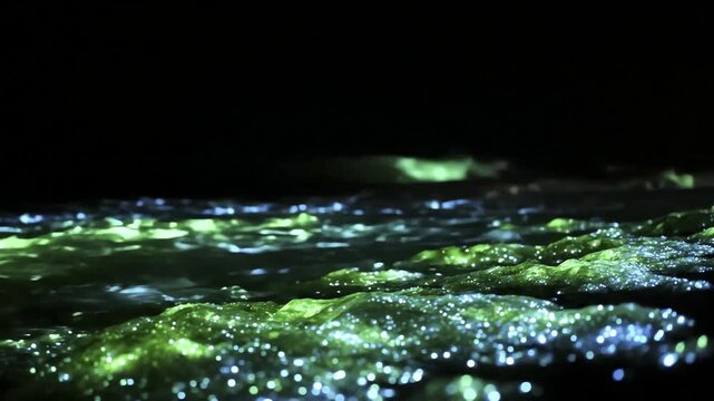 Bioluminescent Ocean Waves Glowing At Night With Ethereal Light Trails