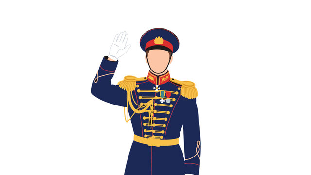 Officer in a blue ceremonial military uniform with gold epaulettes and medals performs a formal salute on a white background.