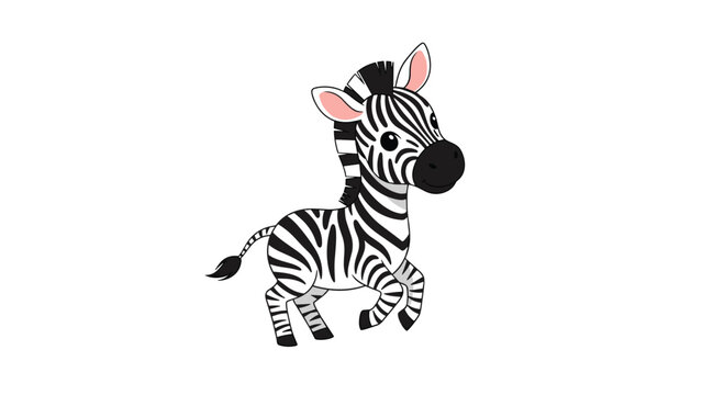 Cute baby zebra with black and white stripes galloping playfully on a white background in a simple cartoon style.