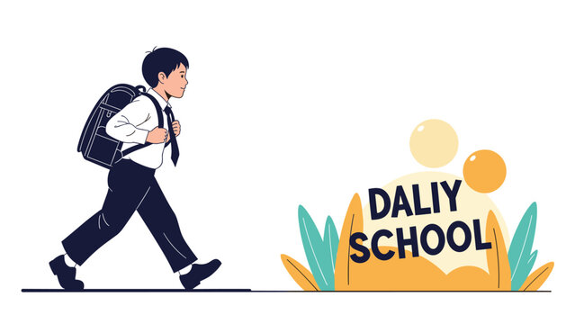 Young boy in a school uniform with a backpack walking towards a sign that says daily school on a white background.
