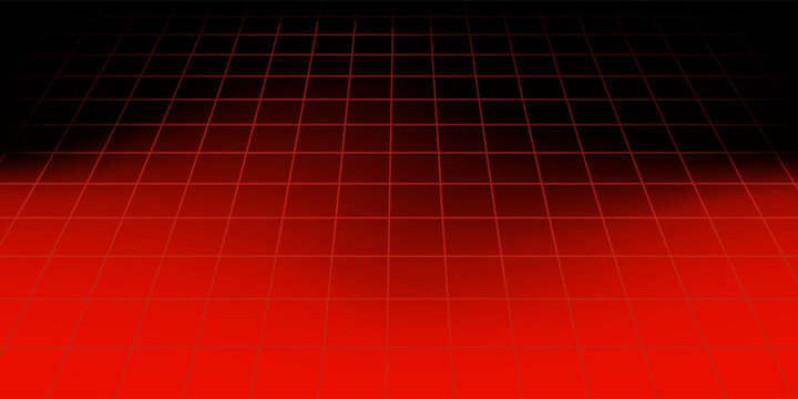 Red glowing neon wireframe background. Shining diagonal checkered grid planes in perspective. Retro futuristic depth wallpaper. Arcade game sci fi matrix surface backdrop for poster, banner. Vector