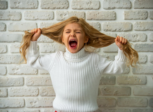 Emotional girl pulling hair and shouting.