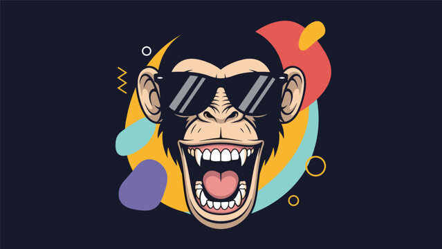 Cool monkey head wearing black sunglasses and laughing loudly with its mouth open on a colorful background.