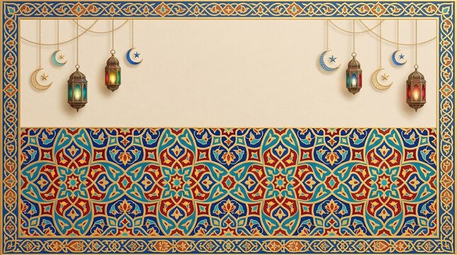 Decorative Islamic geometric tile border with hanging lanterns and crescent.