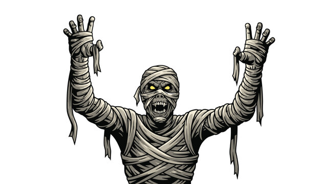 Scary egyptian mummy with yellow glowing eyes and its arms raised in a threatening pose on a white background.