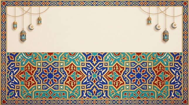 Ornate Islamic geometric mosaic border with hanging lanterns.