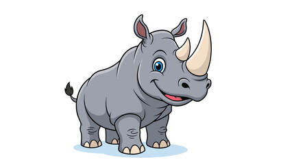 Fototapeta premium Friendly grey rhinoceros character with a big smile and large horns stands on a simple background in this fun animal illustration.