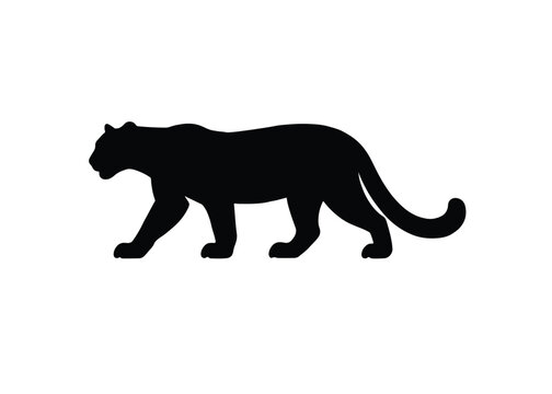 Minimalist mountain lion silhouette illustration, powerful cougar predator walking profile, simple puma wildlife animal outline for professional nature logo design.