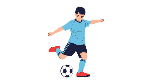 Energetic young athlete in a blue uniform kicks a soccer ball across a white background demonstrating skill and passion for the sport.
