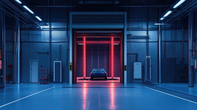 Futuristic car leaving high tech industrial manufacturing facility