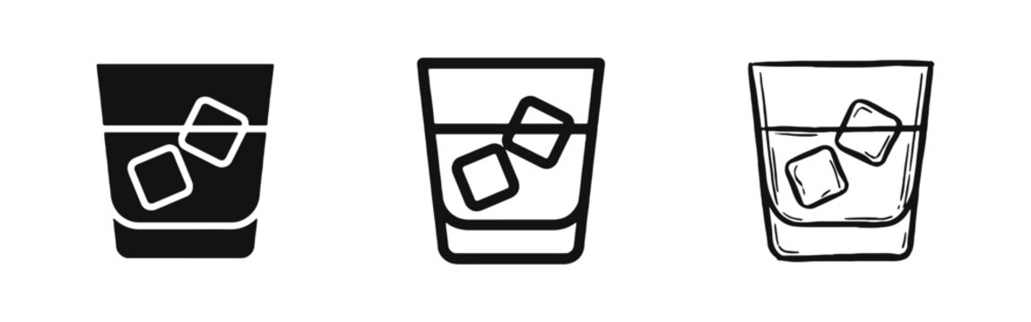 Whiskey Glass with Ice Cubes Icon Set for Drink Design