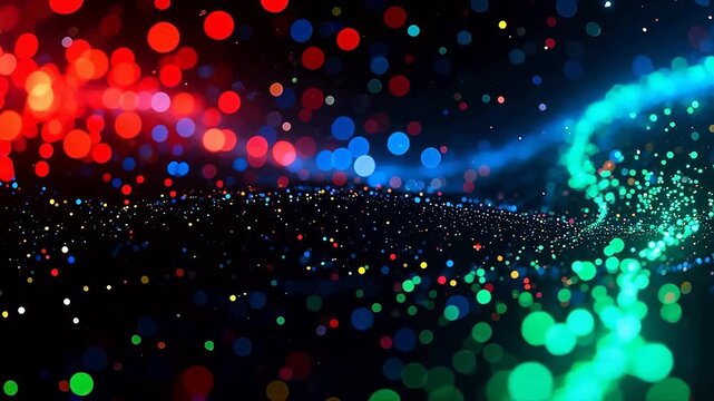 Vibrant red blue yellow light points on black background
