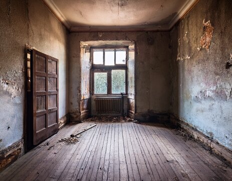 an old abandoned room with a wooden floor concrete walls a vintage door and a dirty window giving a dark and grunge atmosphere