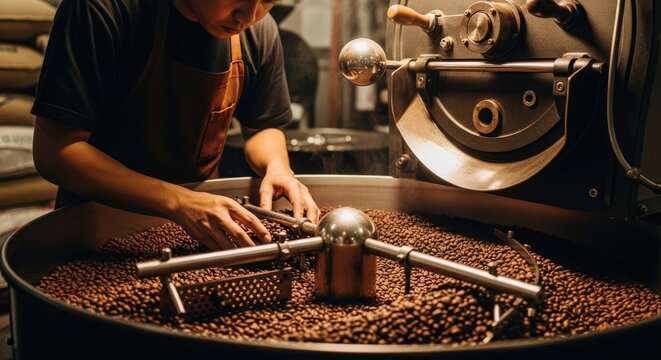 Coffee Roasting Machine with Tray Full of Roasted Beans
