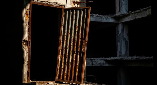 Rusted Metal Door Partially Ajar in Abandoned Structure