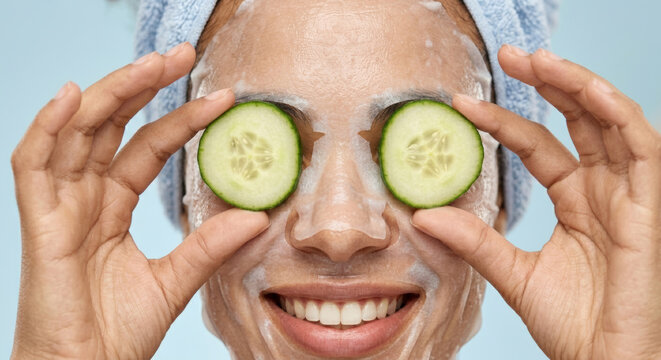 Young smiling woman model posing with hydrating face mask and cucumber slices on eyes against blue pastel background. Facial skincare routine.