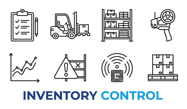 Inventory control icons set checklist forklift warehouse shelving tape measure graph alert.