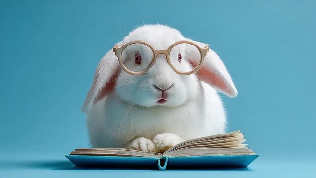 Smart Bunny's Literary Pursuit: A clever white rabbit, donned in spectacles, immerses itself in the world of books, symbolizing intelligence and the joy of reading. 