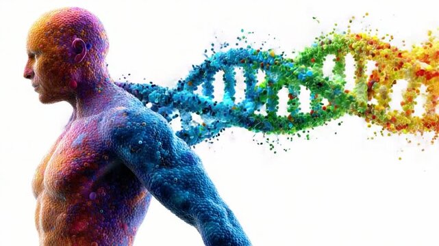 Human DNA Evolution: A stylized representation of human evolution, where a human merges with a vibrant DNA strand.