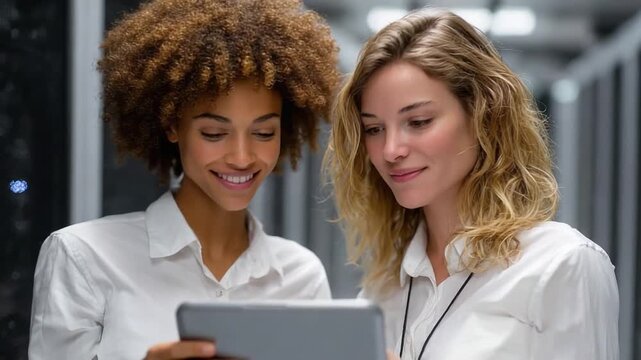 Digital Duo: Two skilled women, immersed in technology, collaborate seamlessly as they review data on a tablet within a modern tech environment, embodying innovation and teamwork.
