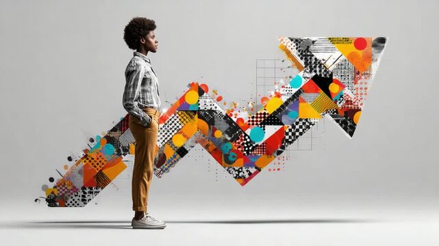 Visionary's Ascent: An individual stands confidently, gazing at an upward-pointing arrow representing growth, progress, and ambition. The vibrant, geometric design symbolizes a bright future. 